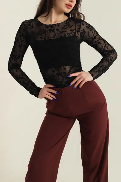 Siyah Büzgülü Flok Baskı Kadın Tül Bluz 426206