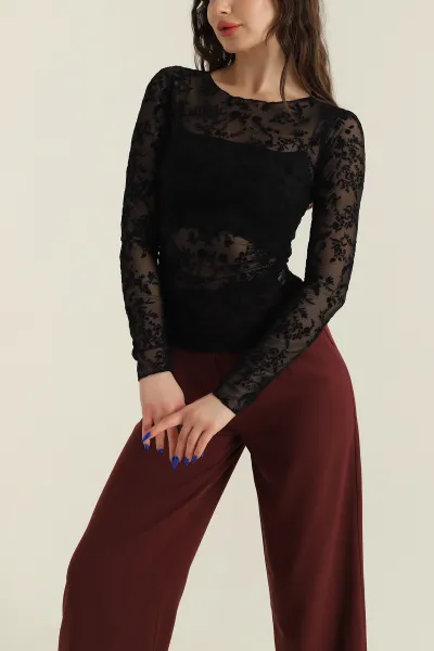 Siyah Büzgülü Flok Baskı Kadın Tül Bluz 426206