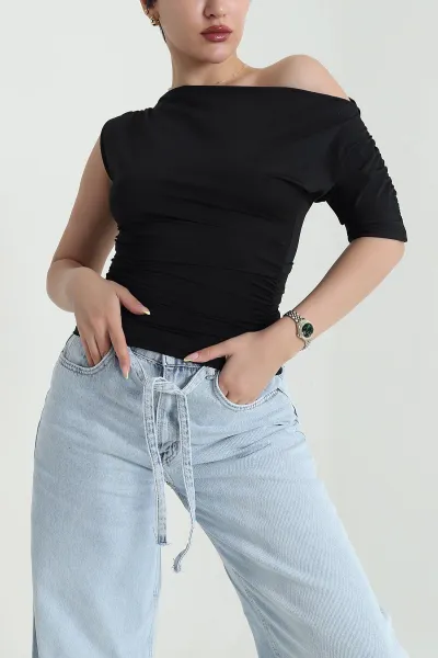 Siyah Büzgülü Kadın Sandy Bluz 467175
