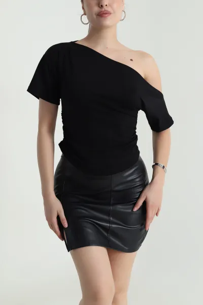 Siyah Büzgülü Oysho Kadın Bluz 485172