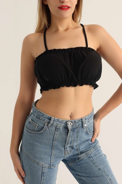 Siyah Büzgülü Sendy Kumaş Crop 174169