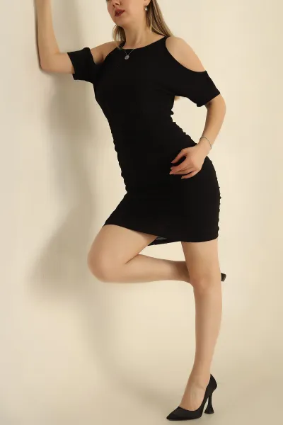 Siyah Büzgülü Sendy Kumaş Elbise 248665