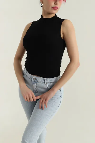 Siyah Buzi Yarım Boğazlı Sıfır Kol Kadın Badi 416226