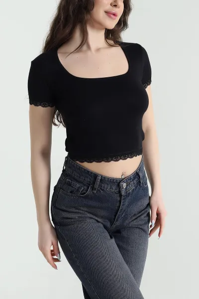 Siyah Buzzy Dantelli Kadın Crop 450541