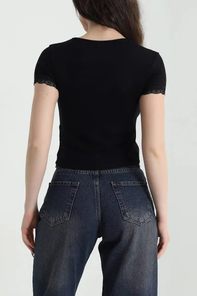 Siyah Buzzy Dantelli Kadın Crop 450541