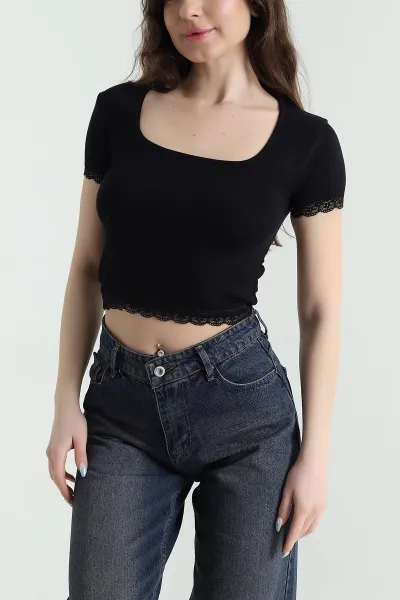 Siyah Buzzy Dantelli Kadın Crop 450541
