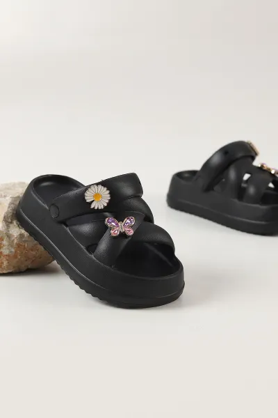 Siyah Çapraz Bantlı Tokalı Kız Çocuk Sandalet 462434