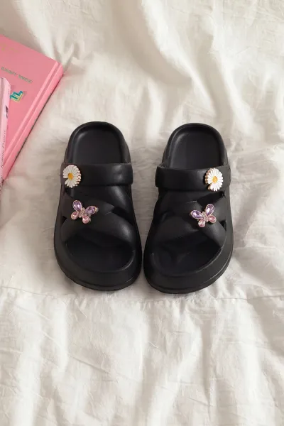 Siyah Çapraz Bantlı Tokalı Kız Çocuk Sandalet 462434