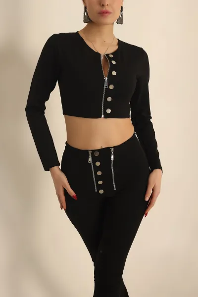 Siyah Çelik Örme Kadın Crop Bluz 231624