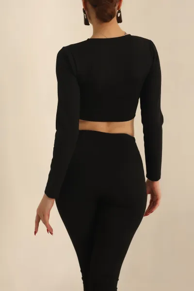 Siyah Çelik Örme Kadın Crop Bluz 231624