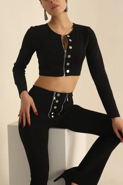 Siyah Çelik Örme Kadın Crop Bluz 231624