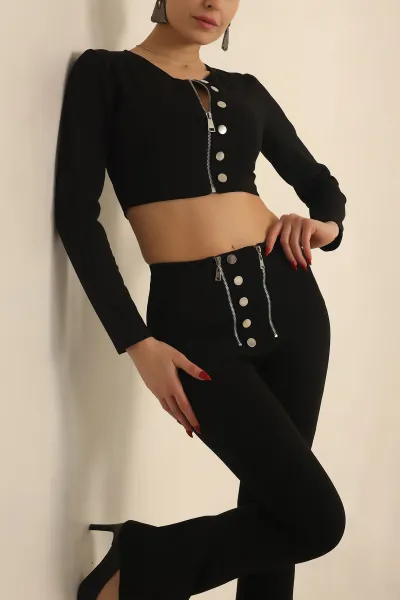 Siyah Çelik Örme Kadın Crop Bluz 231624