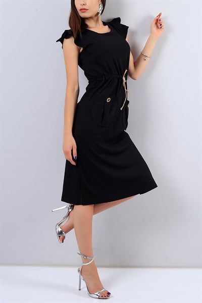 Siyah Cep Detaylı Yırtmaçlı Elbise 16237B