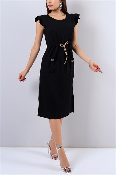Siyah Cep Detaylı Yırtmaçlı Elbise 16237B