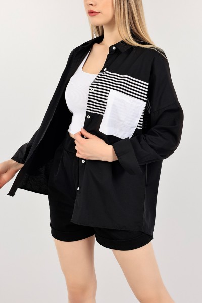 Siyah Cepli Çizgili Poplin Bayan Gömlek Tunik 109724