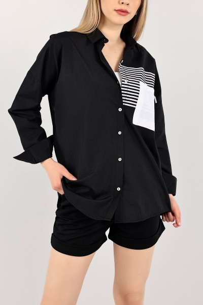 Siyah Cepli Çizgili Poplin Bayan Gömlek Tunik 109724