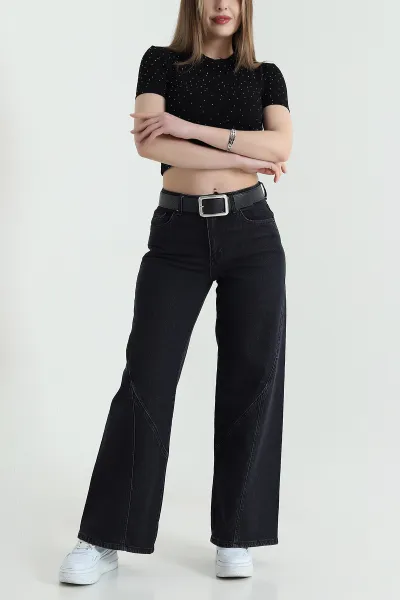Siyah Cepli Kemerli Baggy Kadın Kot Pantolon 439849
