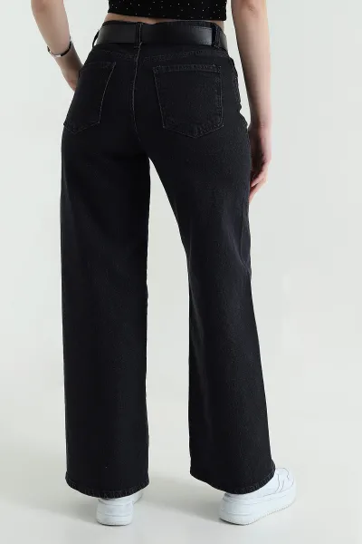 Siyah Cepli Kemerli Baggy Kadın Kot Pantolon 439849