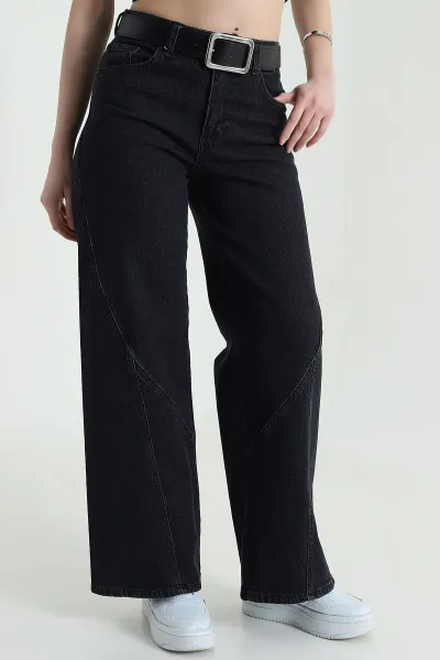 Siyah Cepli Kemerli Baggy Kadın Kot Pantolon 439849