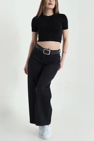 Siyah Cepli Kemerli Baggy Kadın Kot Pantolon 439849