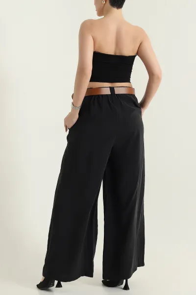 Siyah Cepli Pileli Tencel Kadın Pantolon 436732