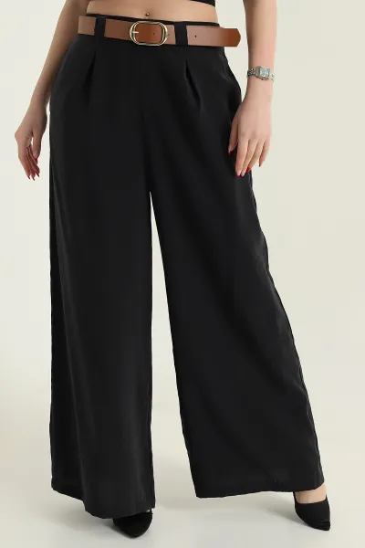Siyah Cepli Pileli Tencel Kadın Pantolon 436732