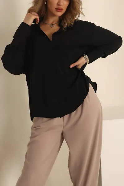 Siyah Charmy Kumaş Oversize Gömlek 231544
