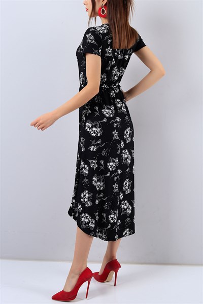 Siyah Çiçek Desen Bayan Elbise 16131B