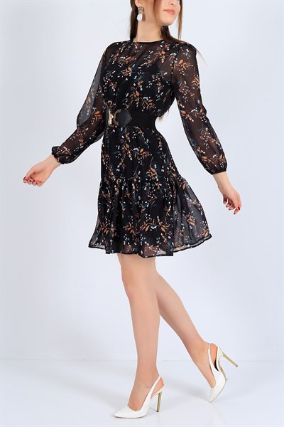 Siyah Çiçek Desen Şifon Elbise 25900B