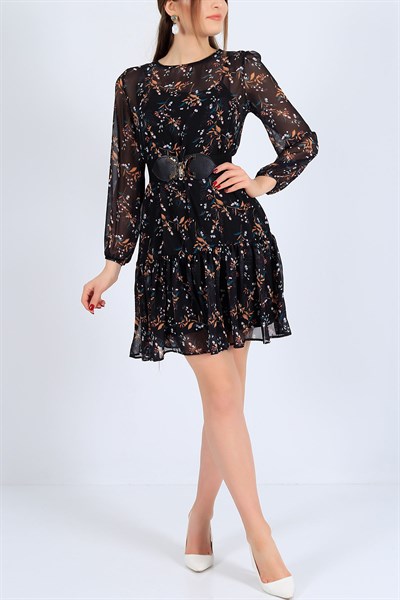 Siyah Çiçek Desen Şifon Elbise 25900B
