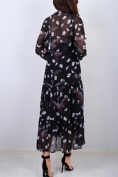 Siyah Çiçek Desenli Bayan Elbise 14675B