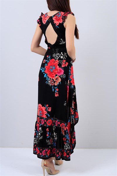 Siyah Çiçek Desenli Bayan Elbise 15443B
