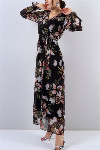Siyah Çiçek Desenli Bayan Elbise 15690B