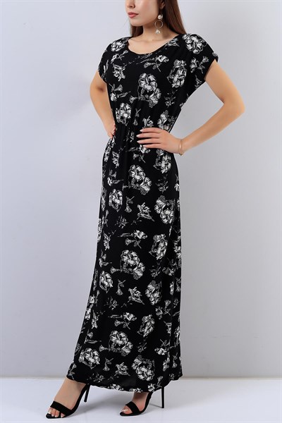 Siyah Çiçek Desenli Bayan Elbise 15714B