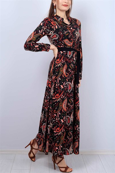 Siyah Çiçek Desenli Bayan Kemerli Elbise 12113B
