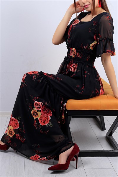 Siyah Çiçek Desenli Bayan Şifon Elbise 12276B