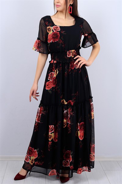 Siyah Çiçek Desenli Bayan Şifon Elbise 12276B