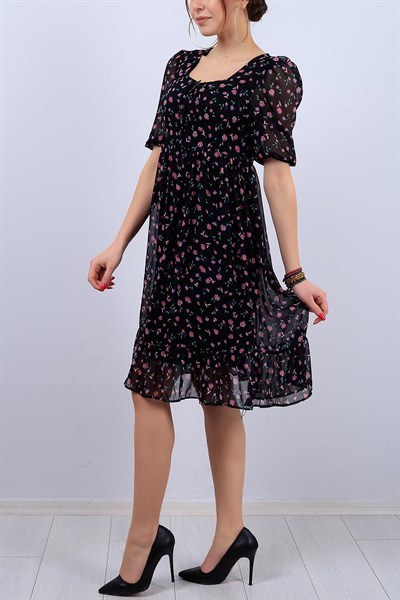 Siyah Çiçek Desenli Bayan Şifon Elbise 11860B