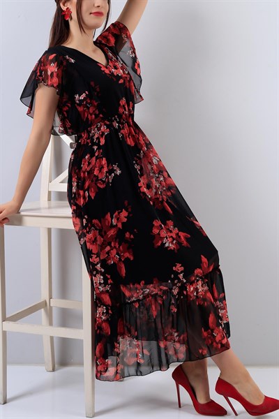 Siyah Çiçek Desenli Bayan Şifon Elbise 15794B