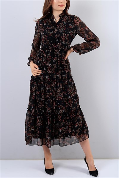 Siyah Çiçek Desenli Şifon Elbise 16336B