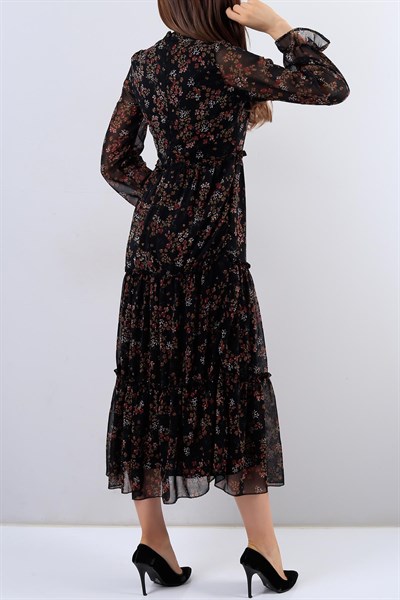 Siyah Çiçek Desenli Şifon Elbise 16336B