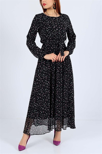 Siyah Çiçek Desenli Siyah Şifon Elbise 26032B