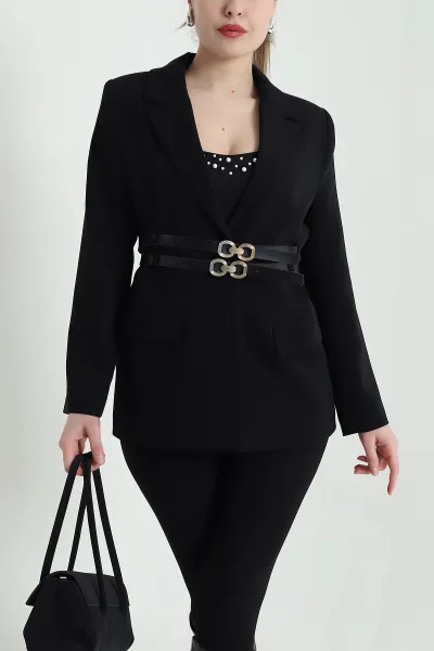 Siyah Çift Kemer Astarlı Latina Kadın Blazer Ceket 449542