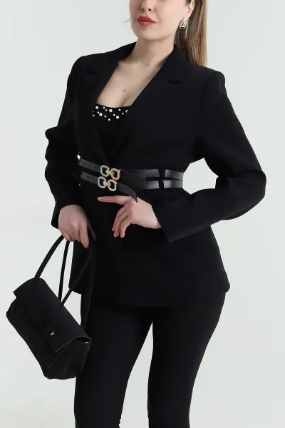 Siyah Çift Kemer Astarlı Latina Kadın Blazer Ceket 449542