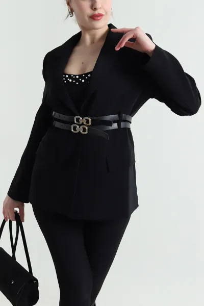 Siyah Çift Kemer Astarlı Latina Kadın Blazer Ceket 449542