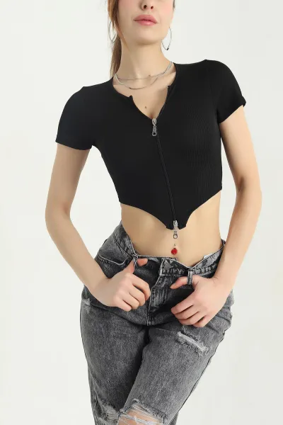 Siyah Çift Taraflı Fermuarlı Soft Kadın Bluz 342303