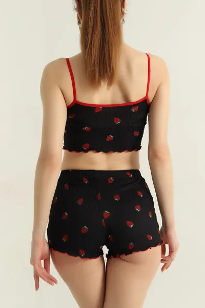 Siyah Çilek Desenli Kadın Şortlu Pijama Takımı 466378
