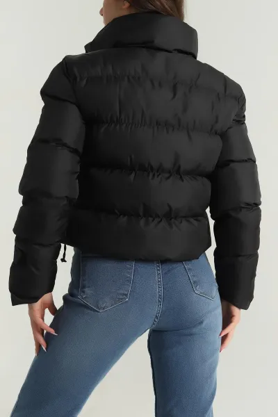 Siyah Cırtlı Kol Kadın Şişme Mont 401461