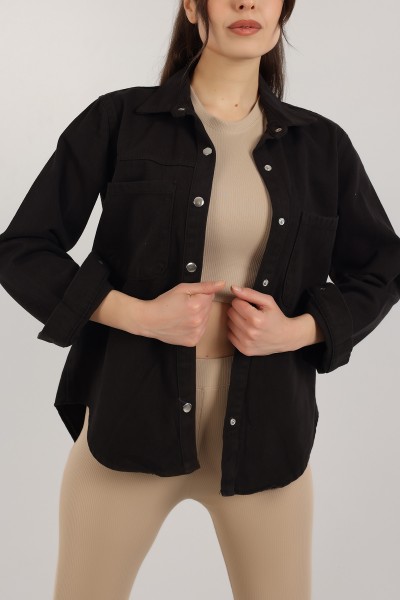 Siyah Çıt Çıtlı Bayan Kalın Gabardin Gömlek Ceket 160097