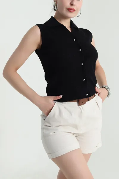 Siyah Cıt Cıtlı Polo Yaka Kadın Triko 477781